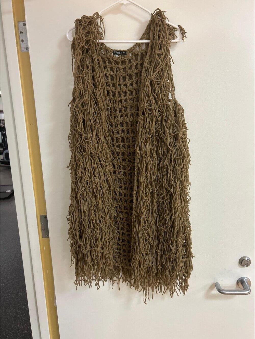 Boutique tan fringe crochet bohemian open-front long vest
